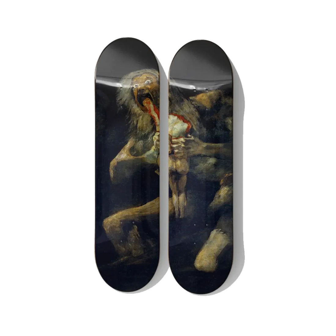 Goya Saturn diptych skateboard wall art on Canadian maple — Dutch Golden Age tenebrism dark wall context — DeckArts Berlin