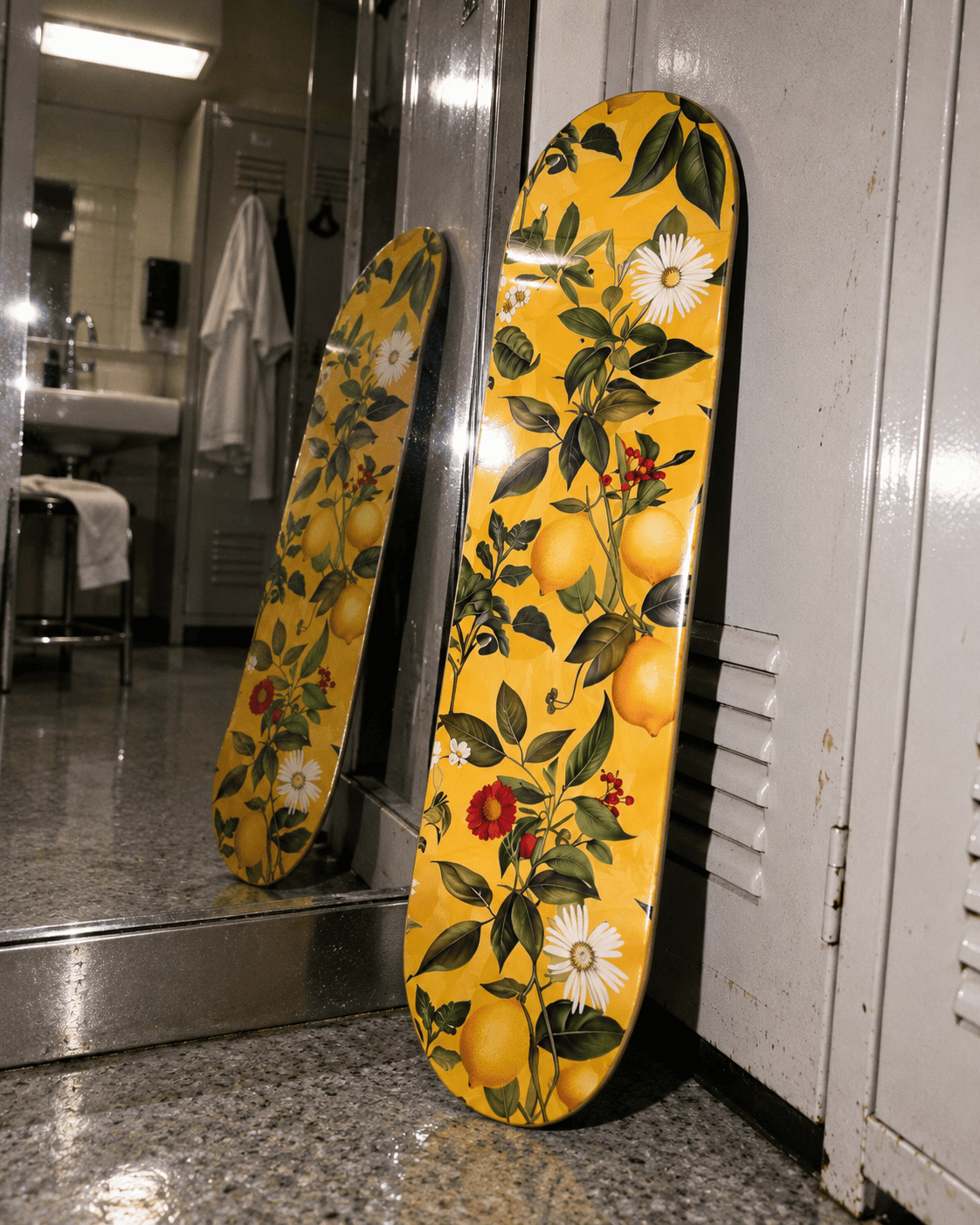 Lemon Botanical skateboard deck leaning against a mirror and lockers in a real spa changing room