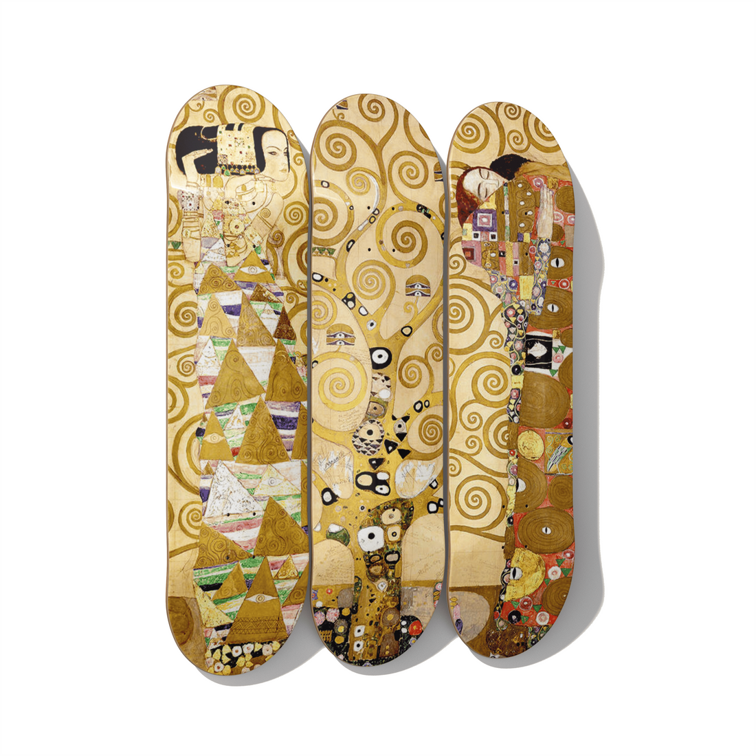 Klimt Tree of Life triptych on Canadian maple — wall art sizing guide proportions — DeckArts Berlin