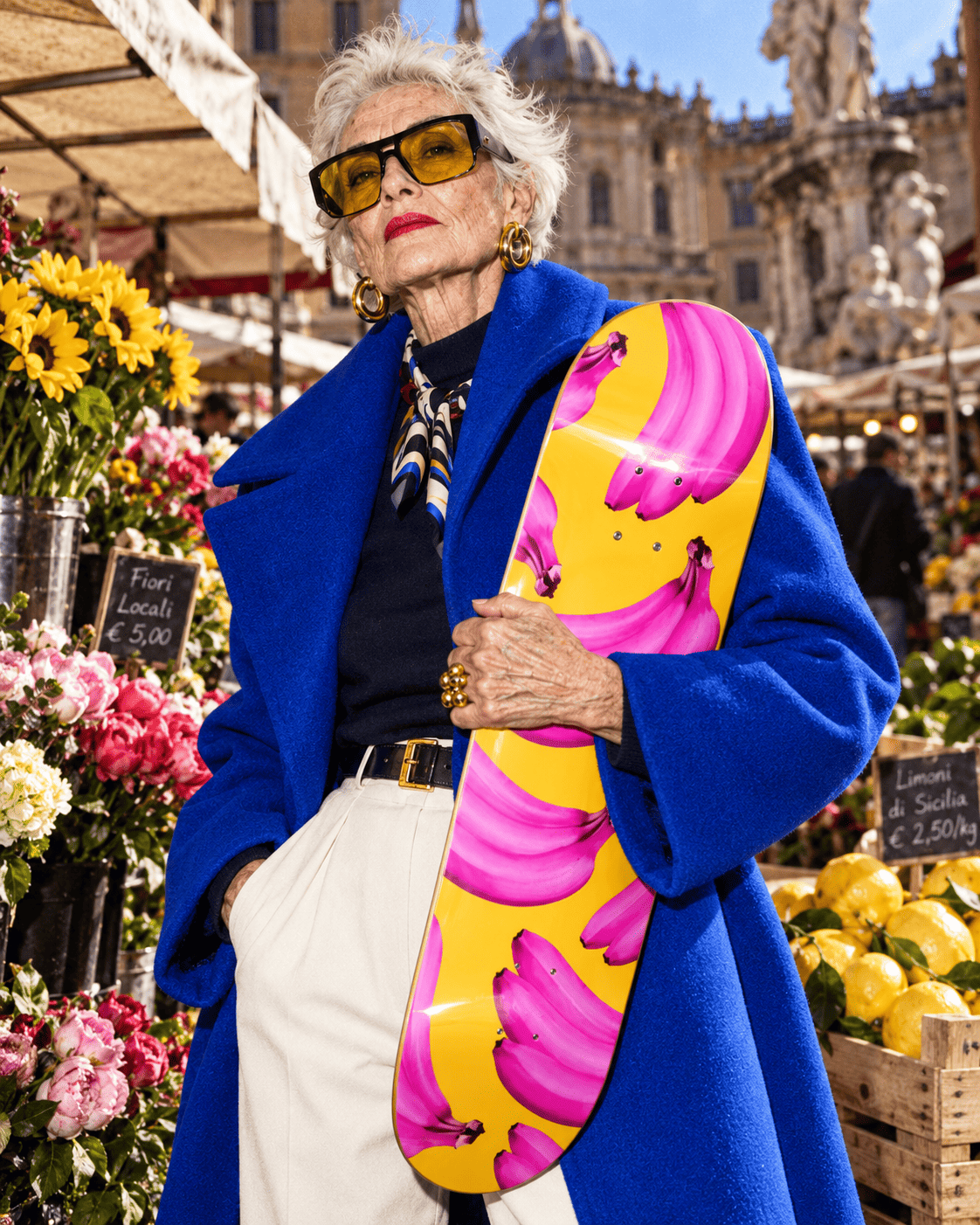 Elegant older woman in a blue coat holding a pink banana pop art skateboard deck near flower and lemon stalls at a Sicilian market