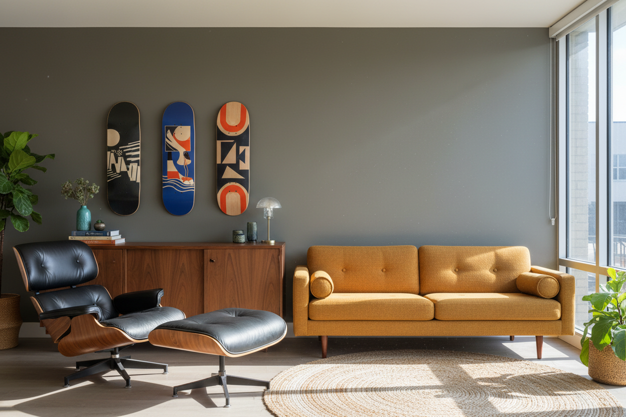   Mid-Century Modern Homes with Skateboard Wall Art