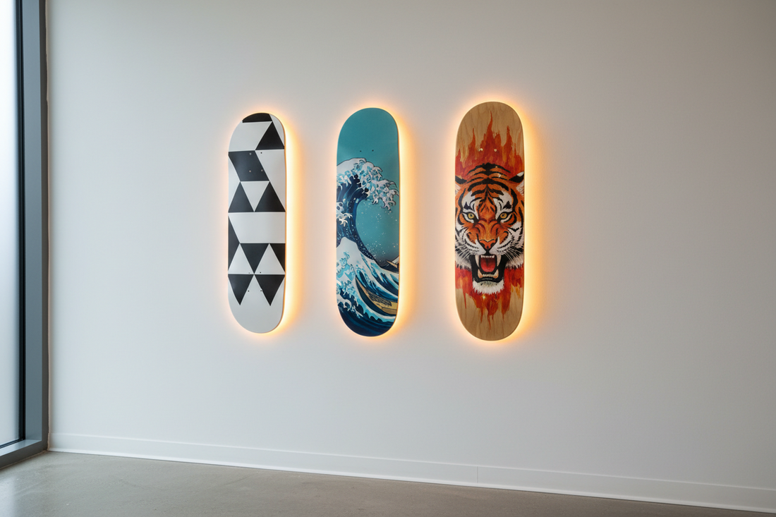 Skateboard art with LED backlighting – illuminated deck display in a modern interior | deckarts