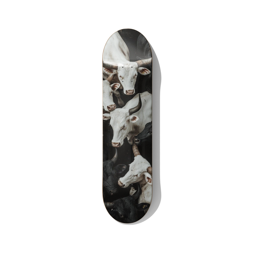 Bull herd skateboard wall art featuring powerful cattle heads in dark tones, animal themed skateboard deck wall decor for modern industrial interior design