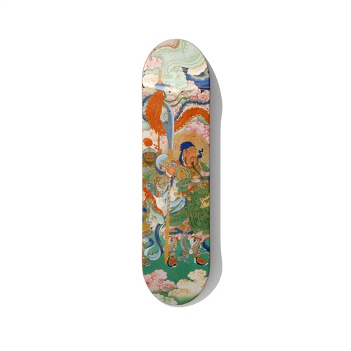 Modern wall art skateboard deck featuring a traditional Chinese warrior deity inspired by Guan Yu, detailed Asian mythological art printed on premium Canadian maple skateboard