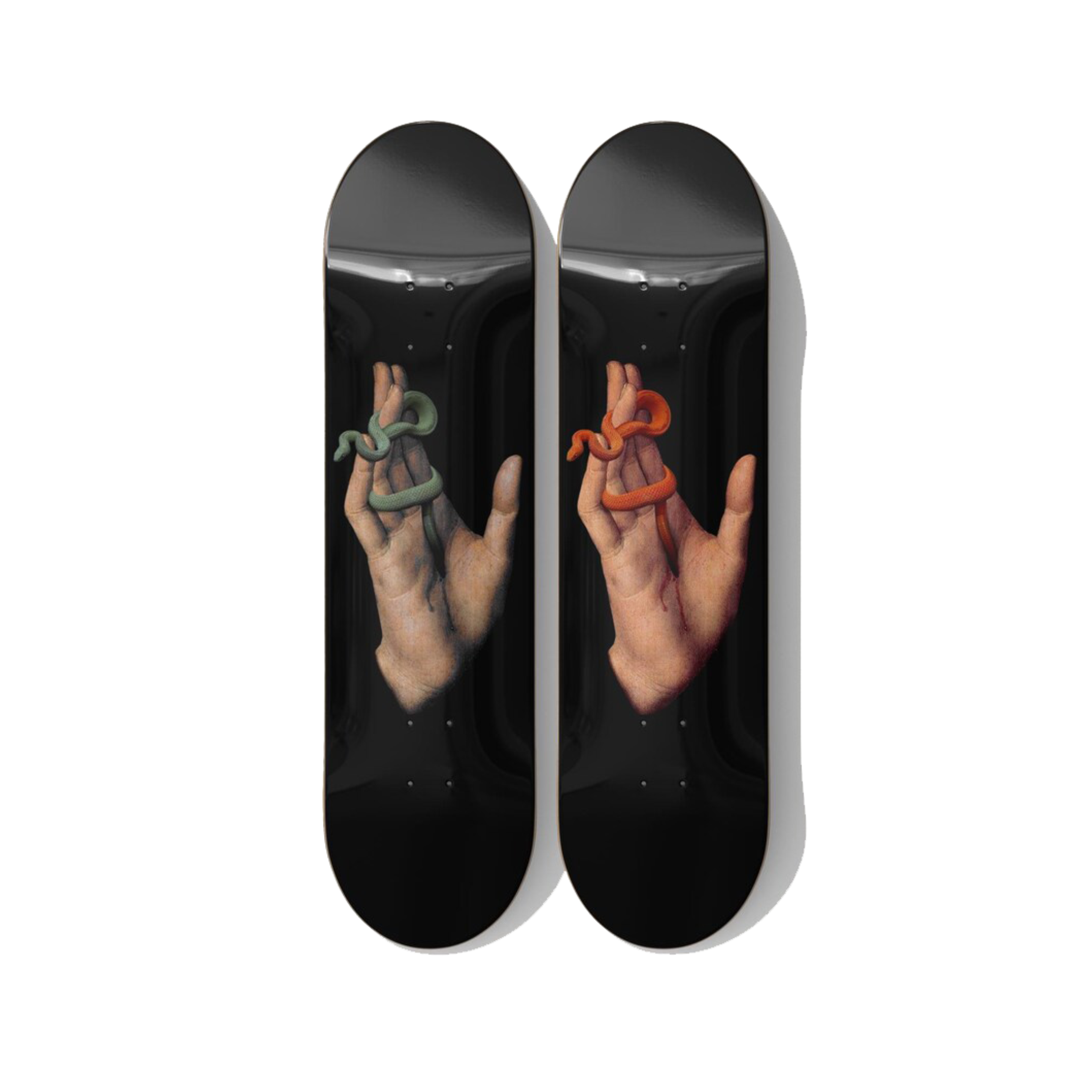 Hand with Serpent – Renaissance Surrealism Skateboard Deck Diptych Wall Art – Premium Canadian Maple Deck - deckarts.com