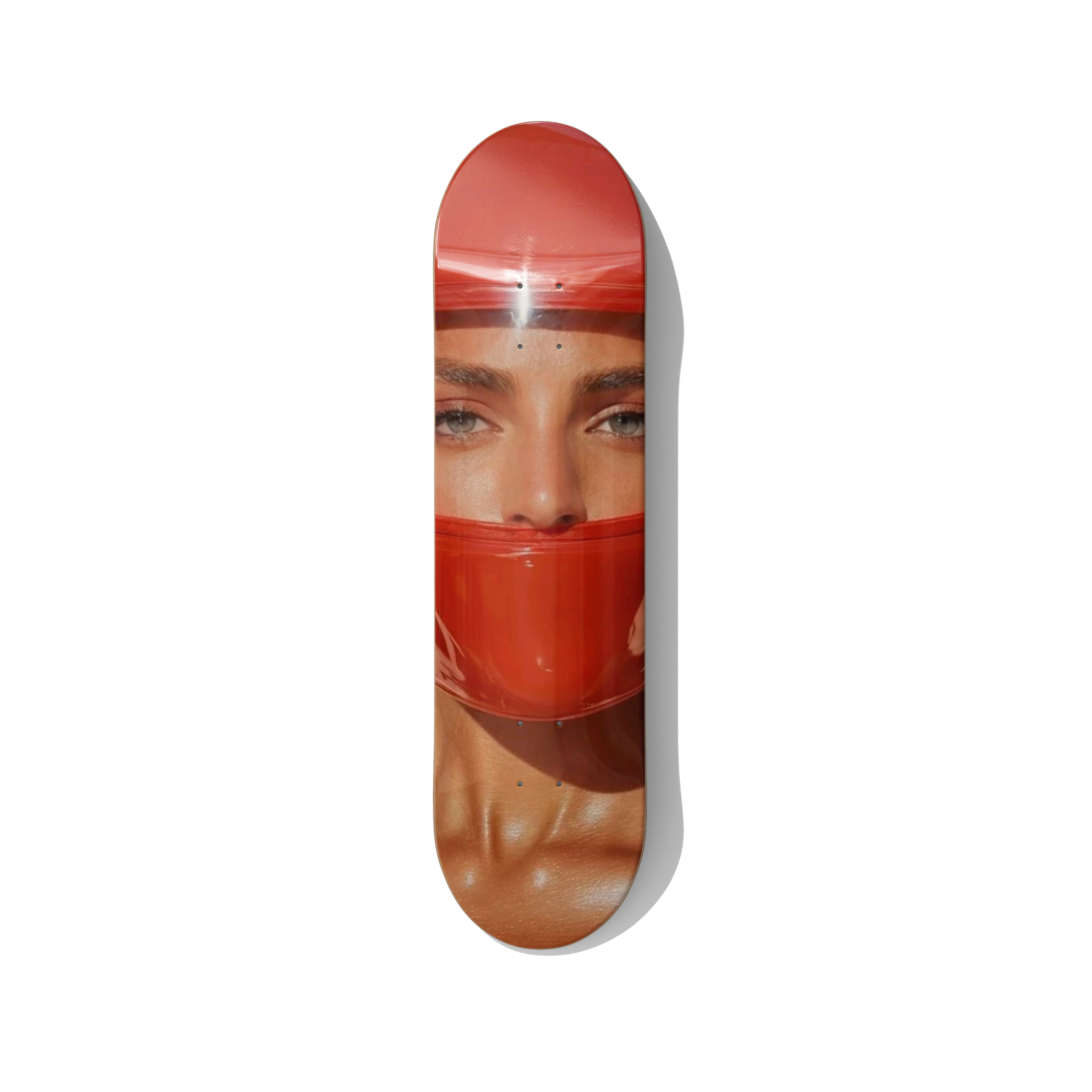 Red helmet portrait contemporary conceptual skateboard wall art on Canadian maple deck