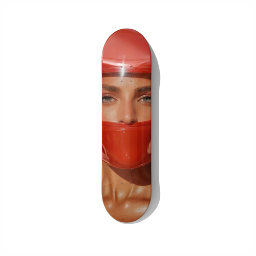 Red helmet portrait contemporary conceptual skateboard wall art on Canadian maple deck
