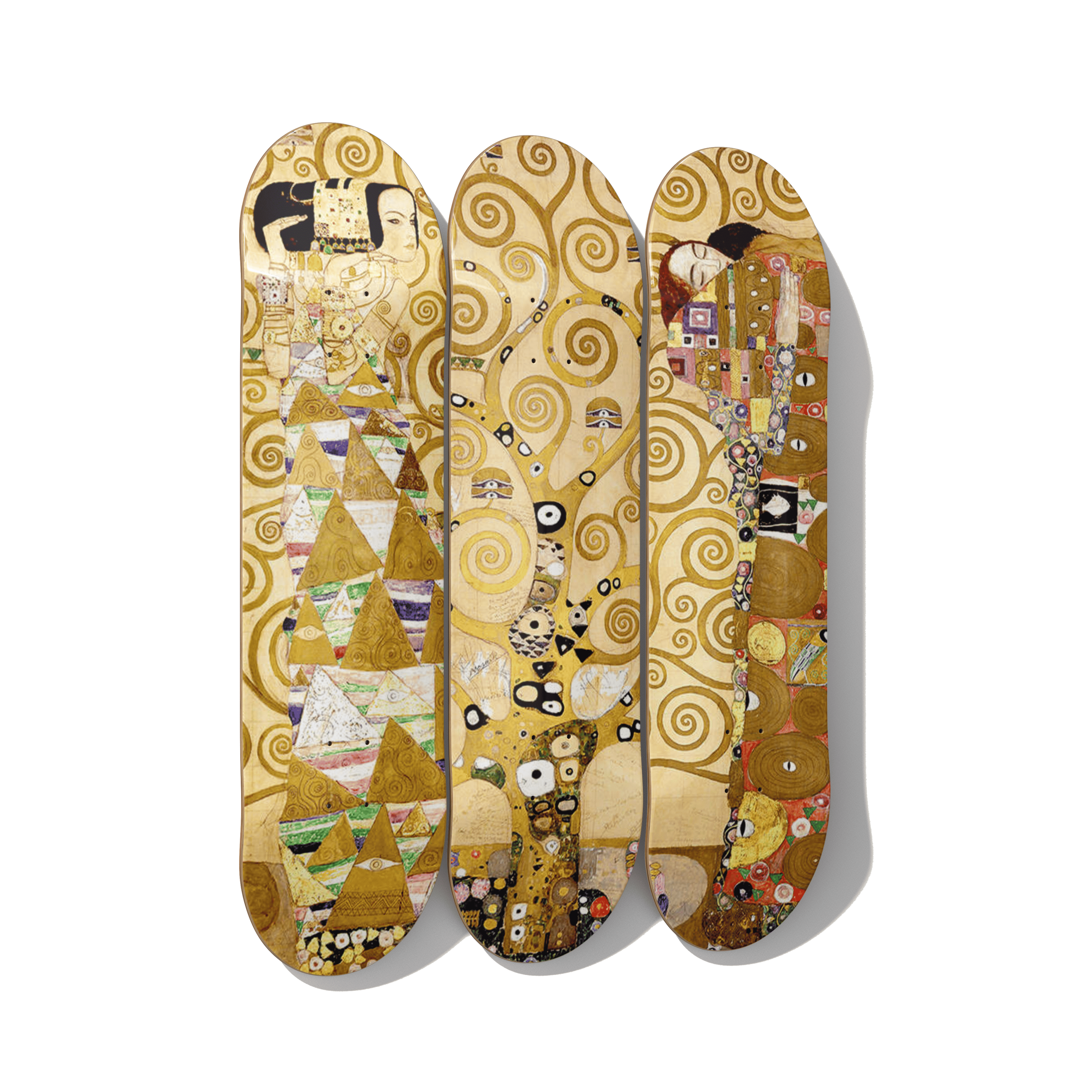 Klimt Tree of Life Triptych – Golden Art Nouveau Three-Panel Skateboard Art - deckarts.com