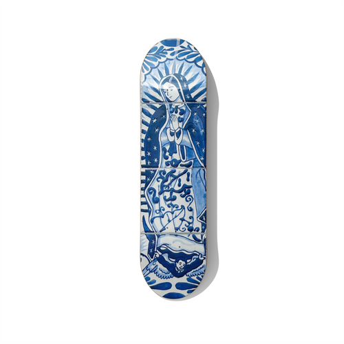 Blue Madonna azulejo ceramic style artwork printed on skateboard deck, sacred blue and white religious wall art for modern interiors