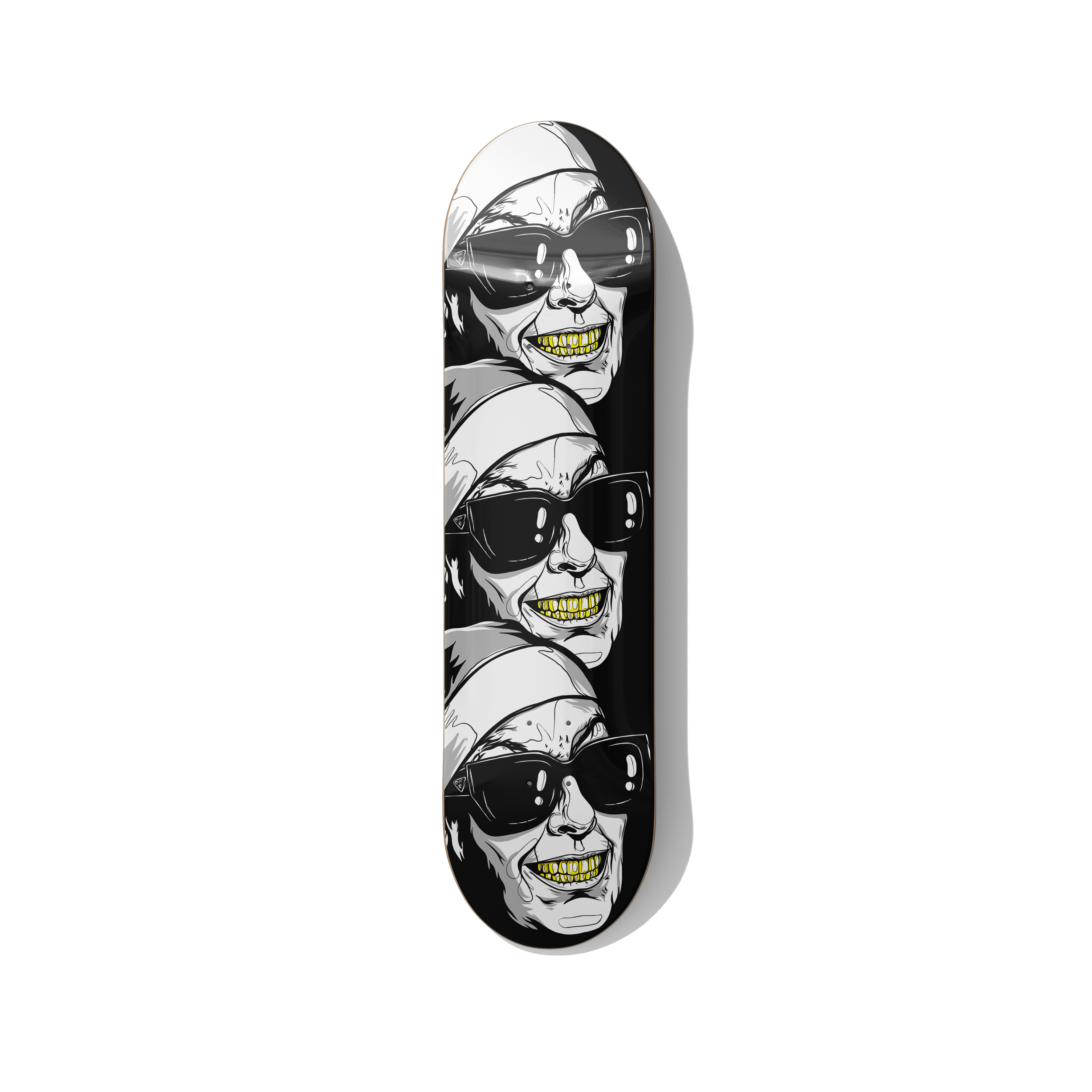 3 Sisters skateboard wall art by Stefano Borella featuring three repeated nun portraits with black sunglasses and gold teeth