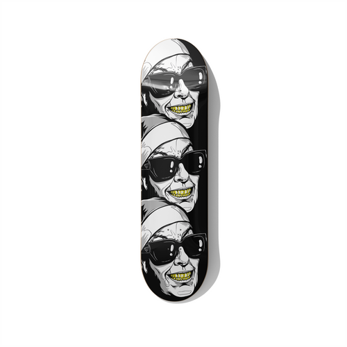 3 Sisters skateboard wall art by Stefano Borella featuring three repeated nun portraits with black sunglasses and gold teeth