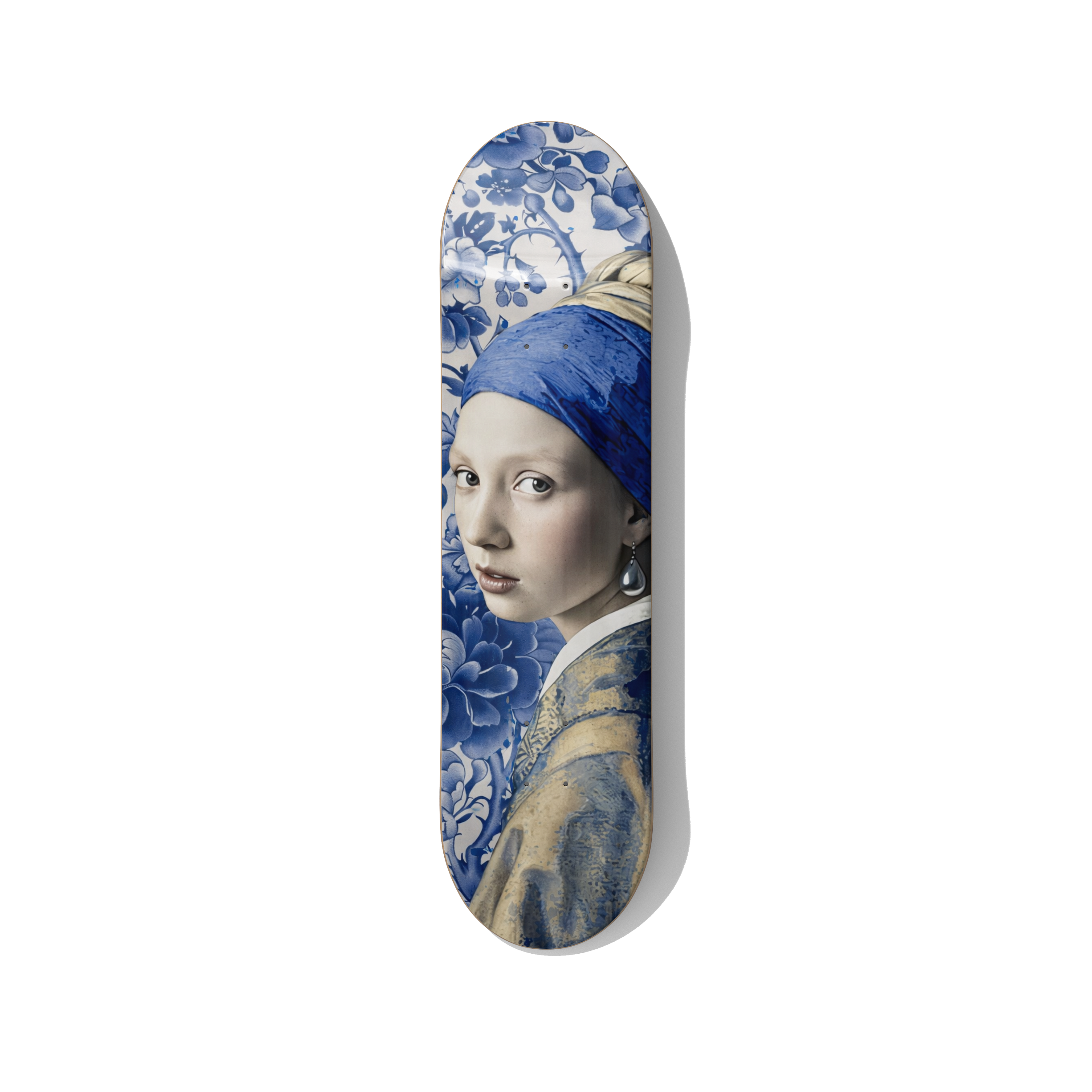 Girl with a Pearl Earring Delft blue skateboard wall art on premium Canadian maple deck