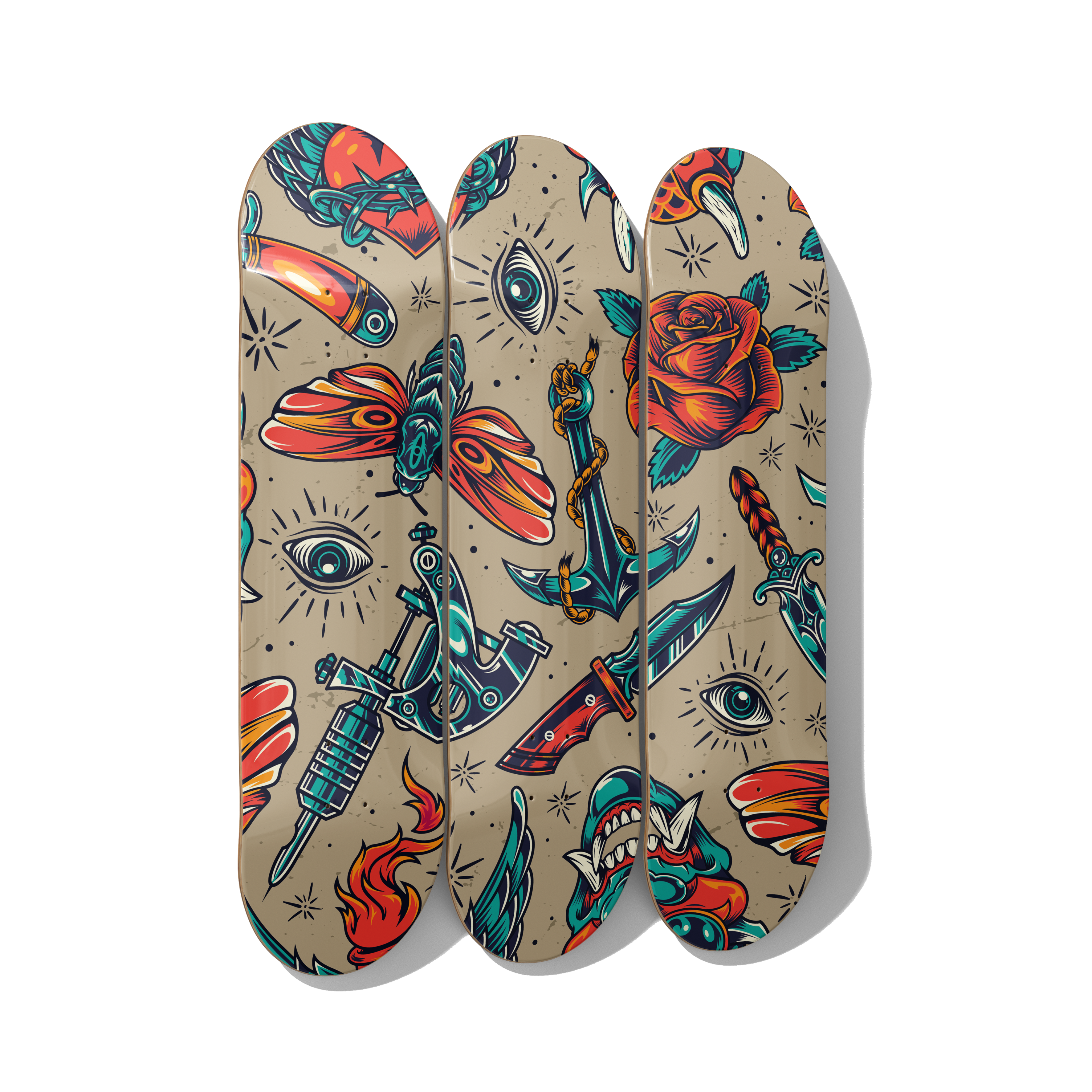 Skateboard Wall Art – Old School Tattoo Flash Diptych Set (3 Decks)
