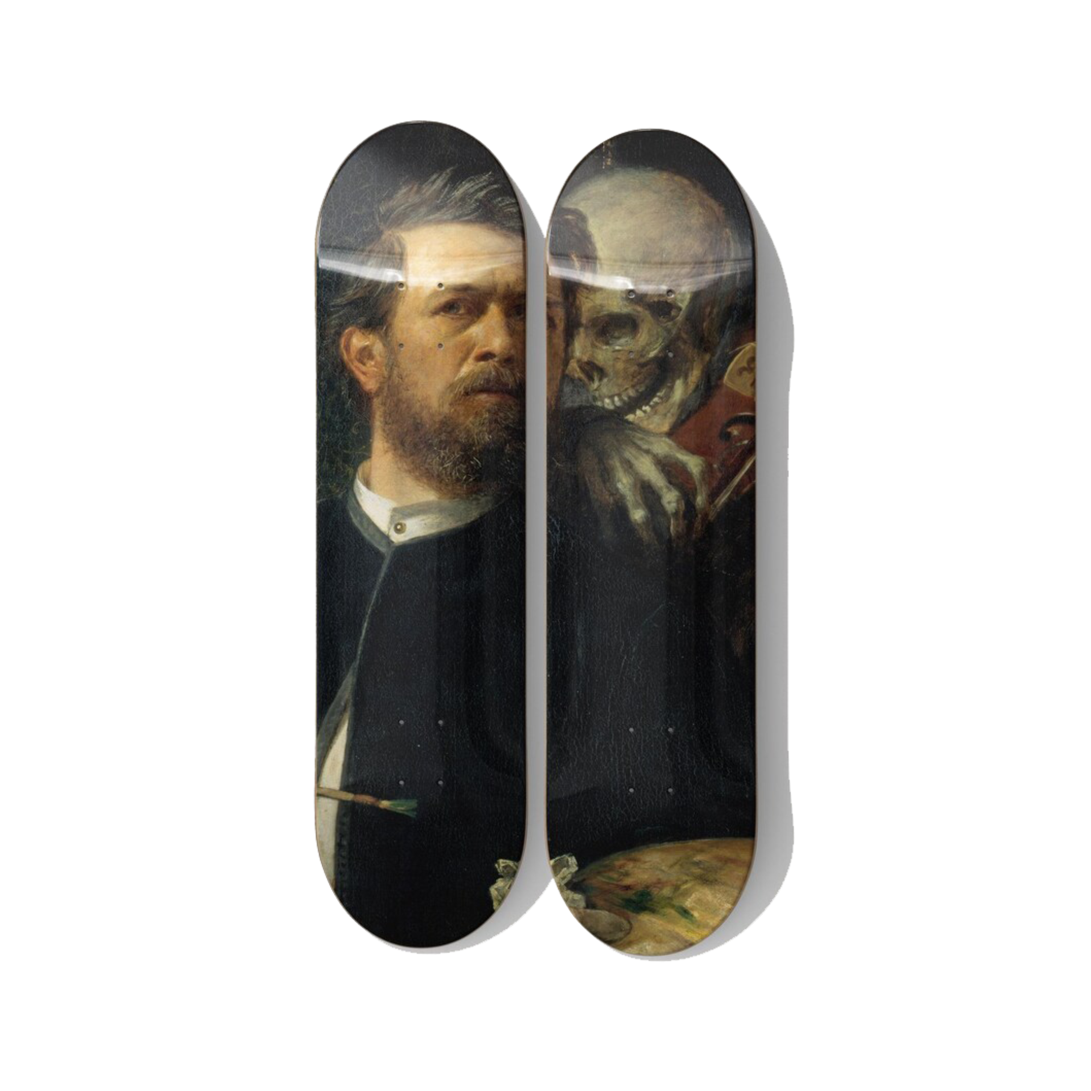 Arnold Böcklin Self-Portrait with Death Playing the Fiddle Skateboard Deck Diptych Wall Art – Symbolist Painting Art Decks - deckarts.com