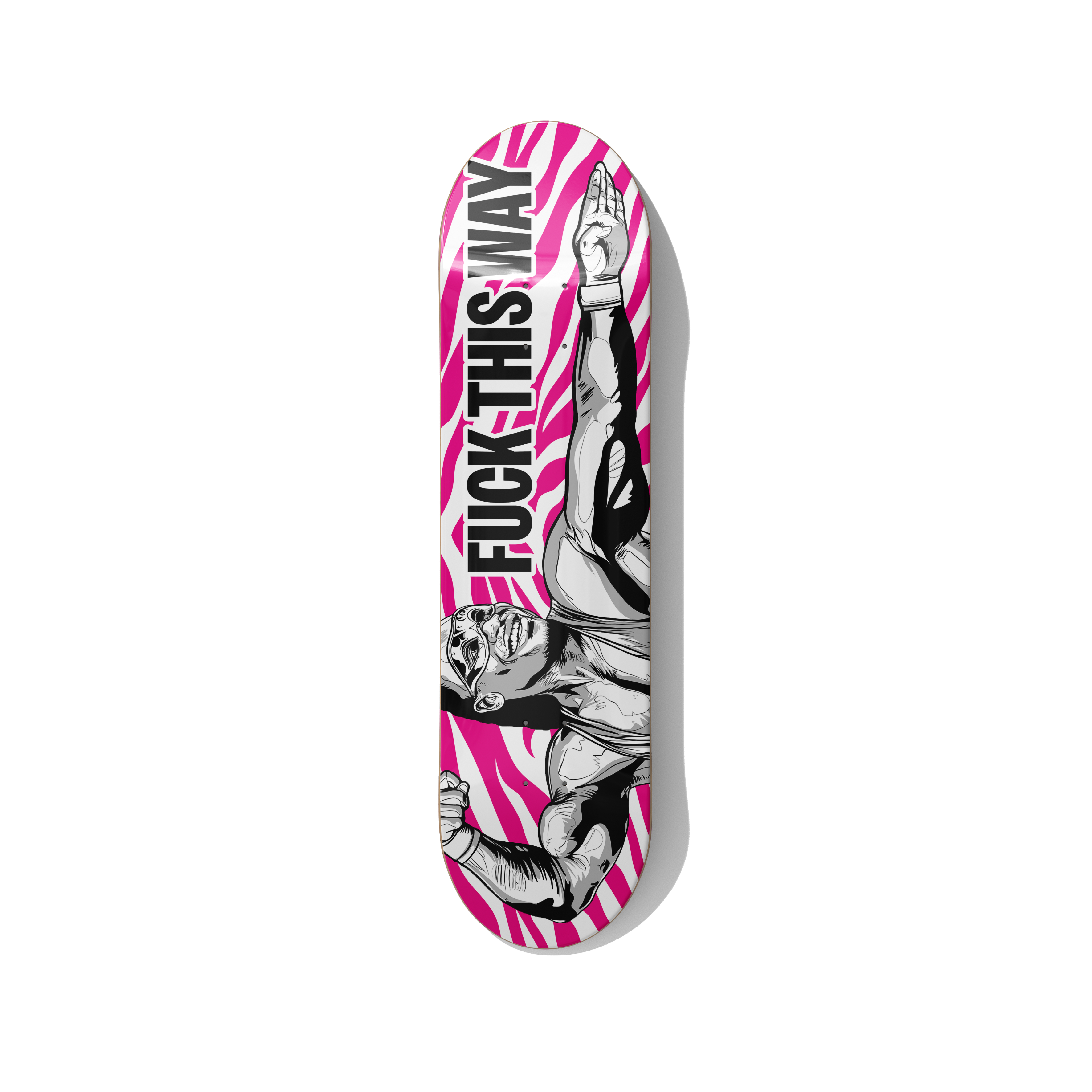 For the Future? skateboard wall art by Stefano Borella featuring a black-and-white illustrated figure, pink striped background and bold vertical text