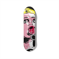 I Would Like to but I Can’t. skateboard wall art by Stefano Borella featuring a doll-like female portrait with an open mouth and bold pink, yellow and black graphic styling