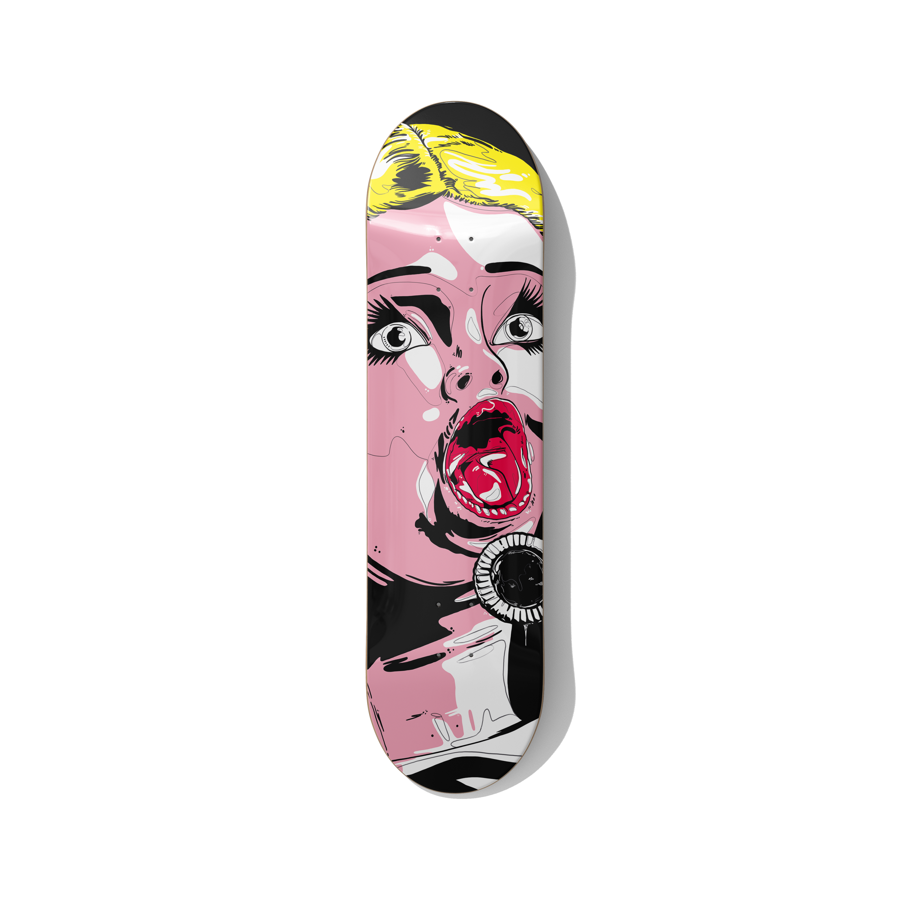 I Would Like to but I Can’t. skateboard wall art by Stefano Borella featuring a doll-like female portrait with an open mouth and bold pink, yellow and black graphic styling