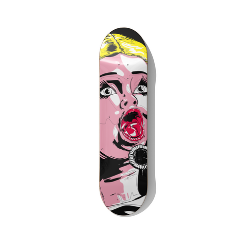 I Would Like to but I Can’t. skateboard wall art by Stefano Borella featuring a doll-like female portrait with an open mouth and bold pink, yellow and black graphic styling