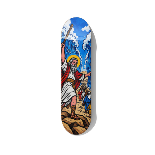 Moses Parts the Red Sea biblical series skateboard wall art stained glass style on premium Canadian maple deck