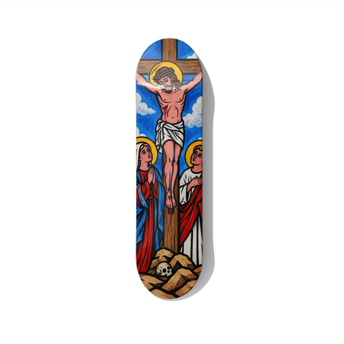 The Crucifixion biblical series skateboard wall art on premium Canadian maple deck