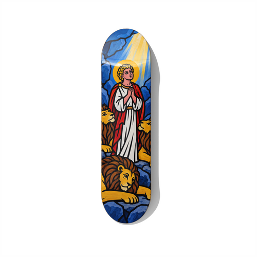 Daniel in the Lions Den biblical series skateboard wall art on premium Canadian maple deck