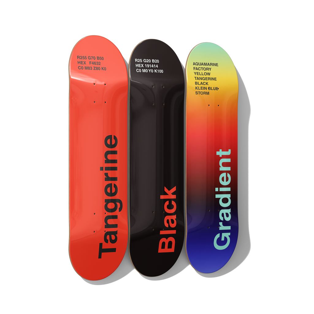 Color Theory designer typography skateboard deck triptych wall art on Canadian maple