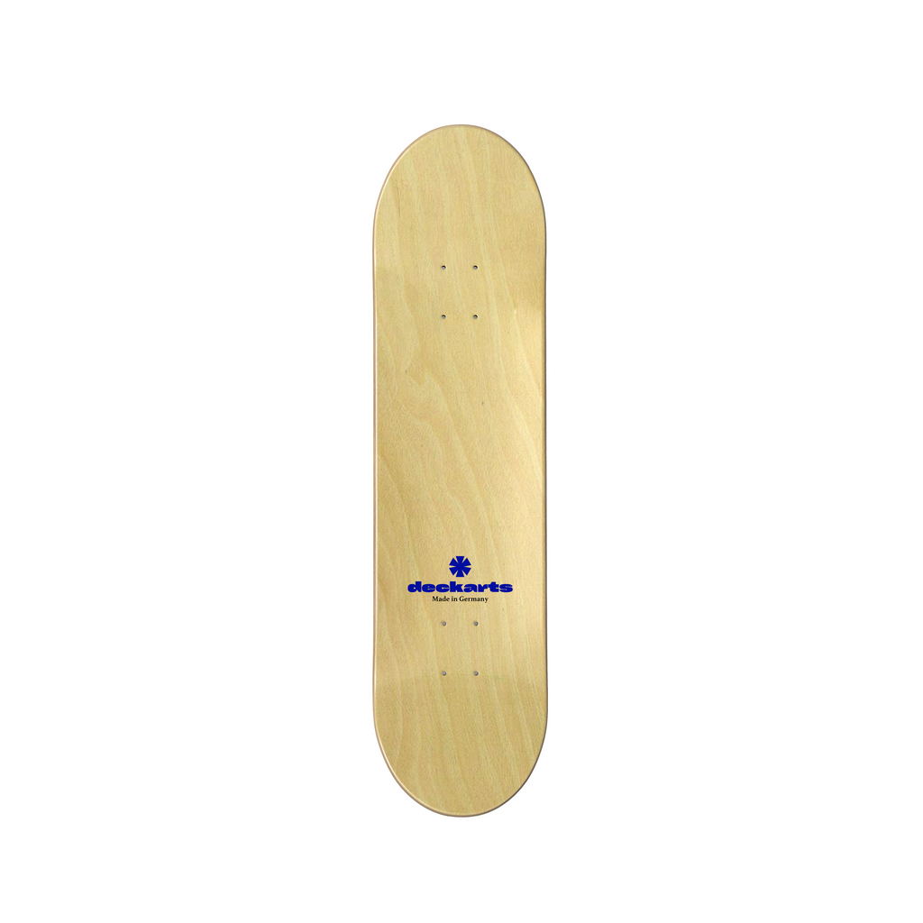 Blank blue skateboard deck back side on premium Canadian maple deckarts