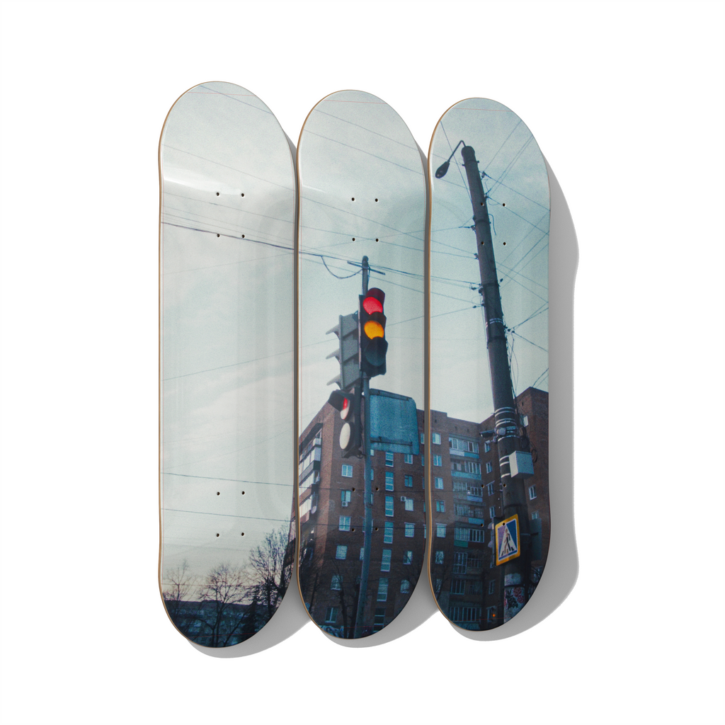 Motherland Okhtyrka urban cityscape skateboard deck triptych wall art on premium Canadian maple
