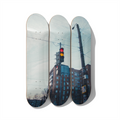 Motherland Okhtyrka urban cityscape skateboard deck triptych wall art on premium Canadian maple